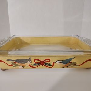 Lenox 'Winter Greetings' yellow Christmas casserole holder with birds and pyrex